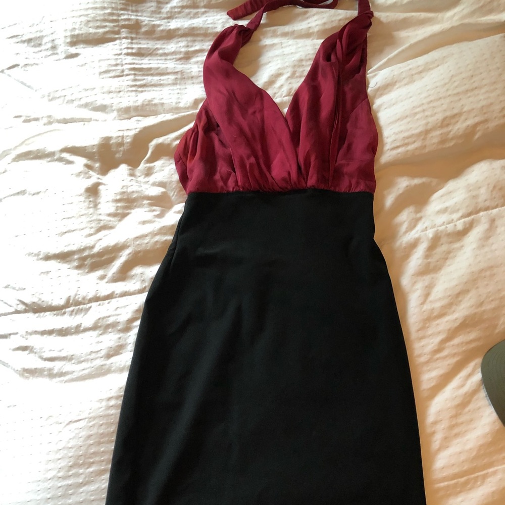 Black and burgundy halter formal dress.